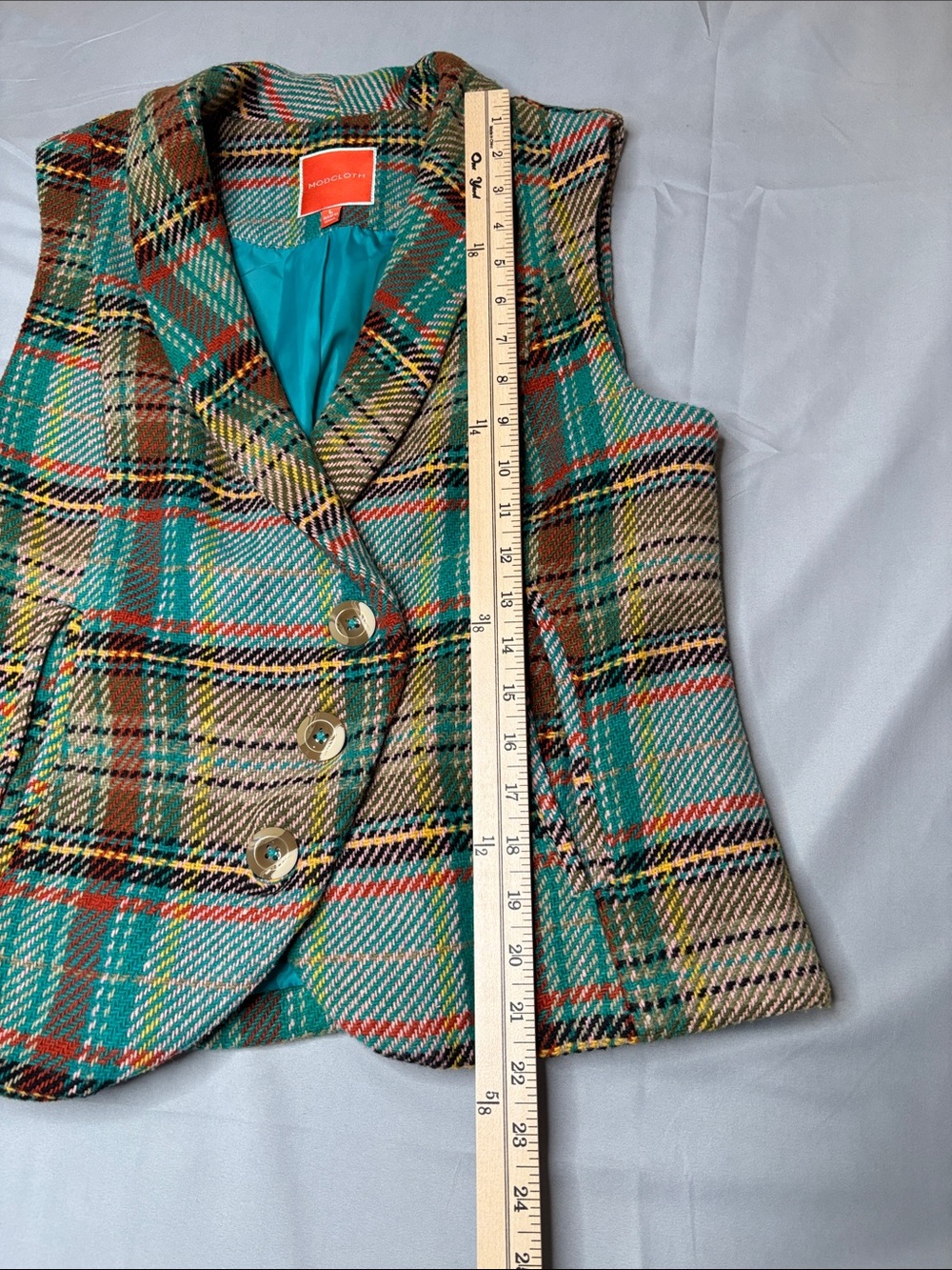 Modcloth Plaid Teal, Brown and Cream Plaid Vintage Style Wool Blend Vest Size L - Picture 4 of 10